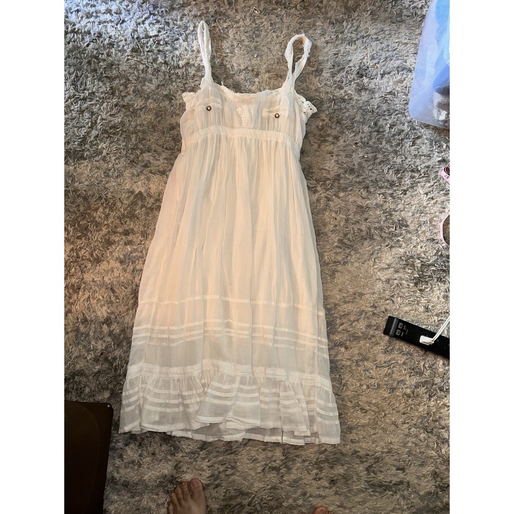DaNang Surplus Indo Chine White Cotton Boho Midi Dress Lace Y2K L Romantic - Picture 9 of 10